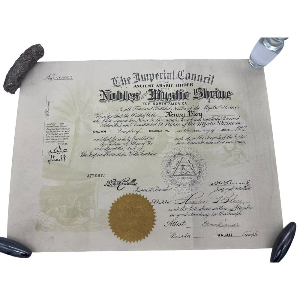 1927 Nobles of the Mystic Shrine Membership Certificate Rajah Temple Reading PA